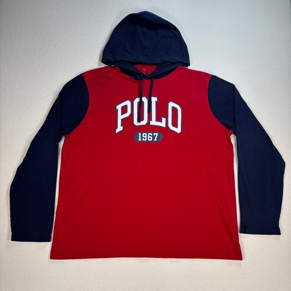 Polo Ralph Lauren Other - Polo Ralph Lauren Hoodie‎ Men's XL Red Navy Colorblock 100% Cotton Drawstring